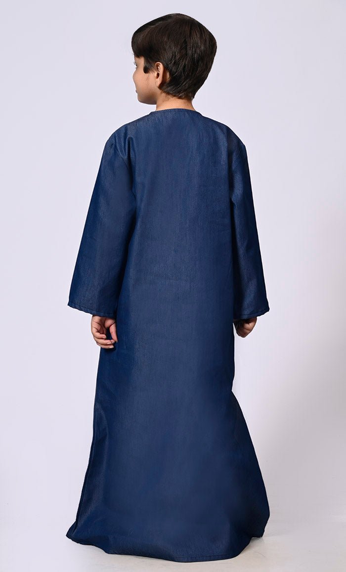 Boy's Blue Denim Thobe With Show Buttons and Pockets - EastEssence.com