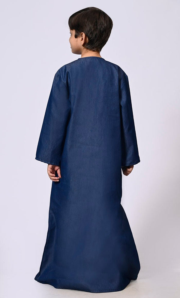 Boy's Blue Denim Thobe With Show Buttons and Pockets - EastEssence.com