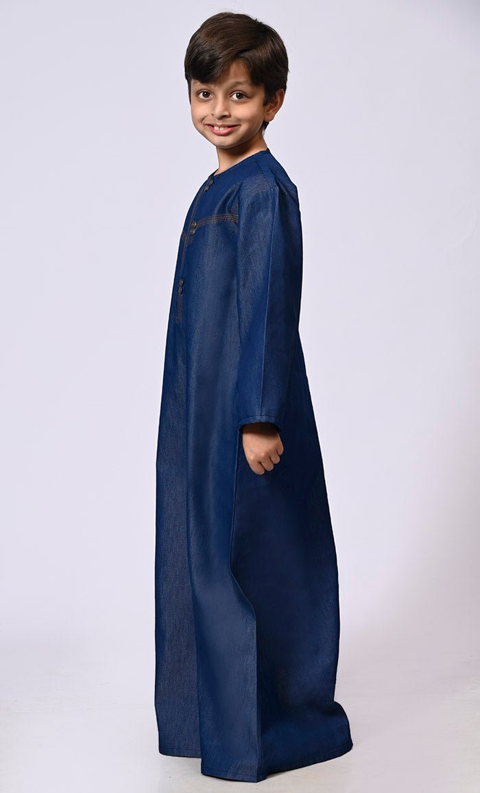Boy's Blue Denim Thobe With Show Buttons and Pockets - EastEssence.com