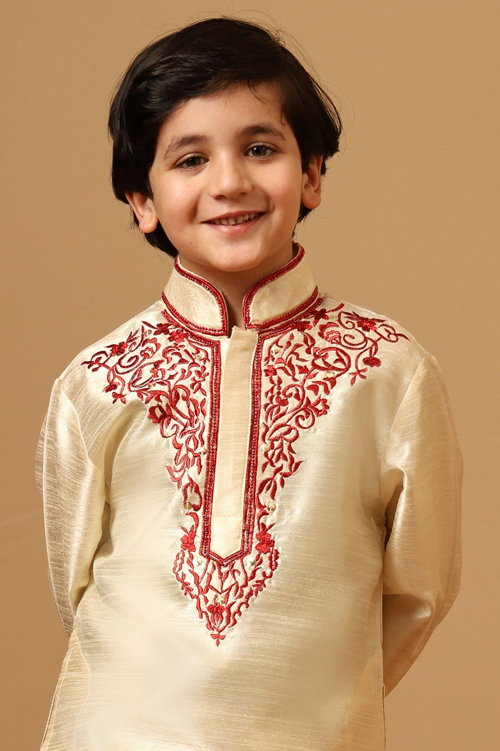 Boys Dupion Beige Silk Embroidered Tunic Pant Set - EastEssence.com