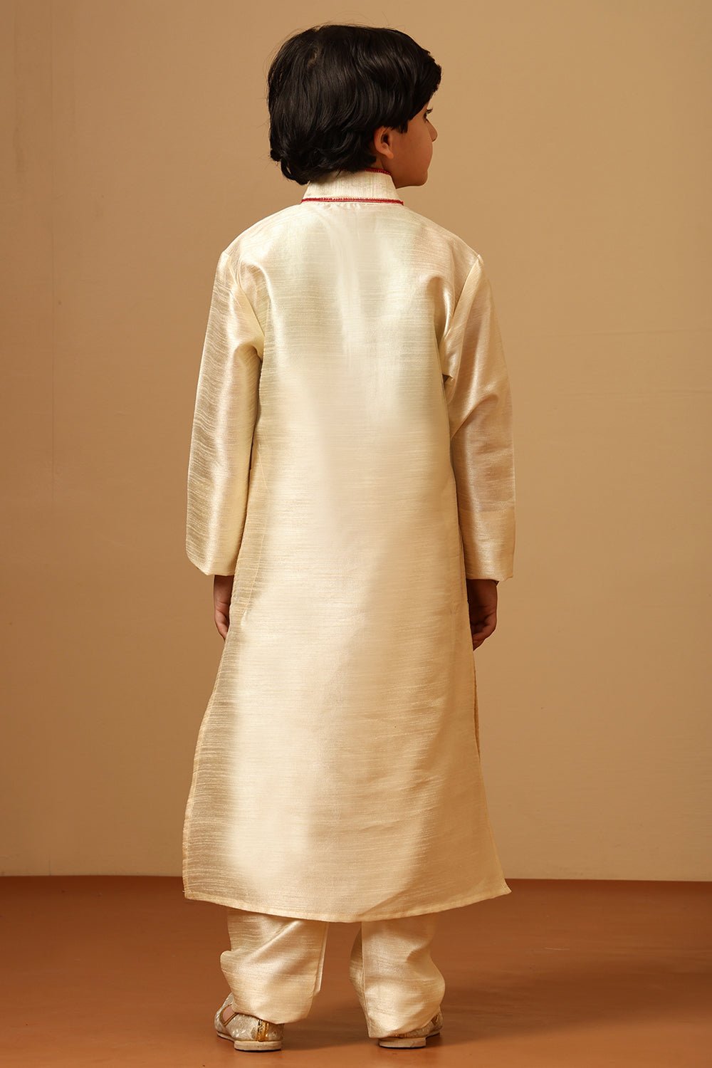 Boys Dupion Beige Silk Embroidered Tunic Pant Set - EastEssence.com