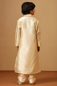 Boys Dupion Beige Silk Embroidered Tunic Pant Set - EastEssence.com