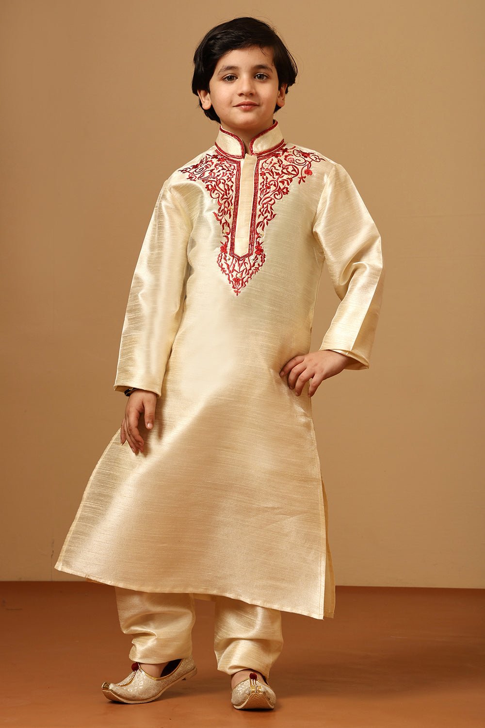 Boys Dupion Beige Silk Embroidered Tunic Pant Set - EastEssence.com