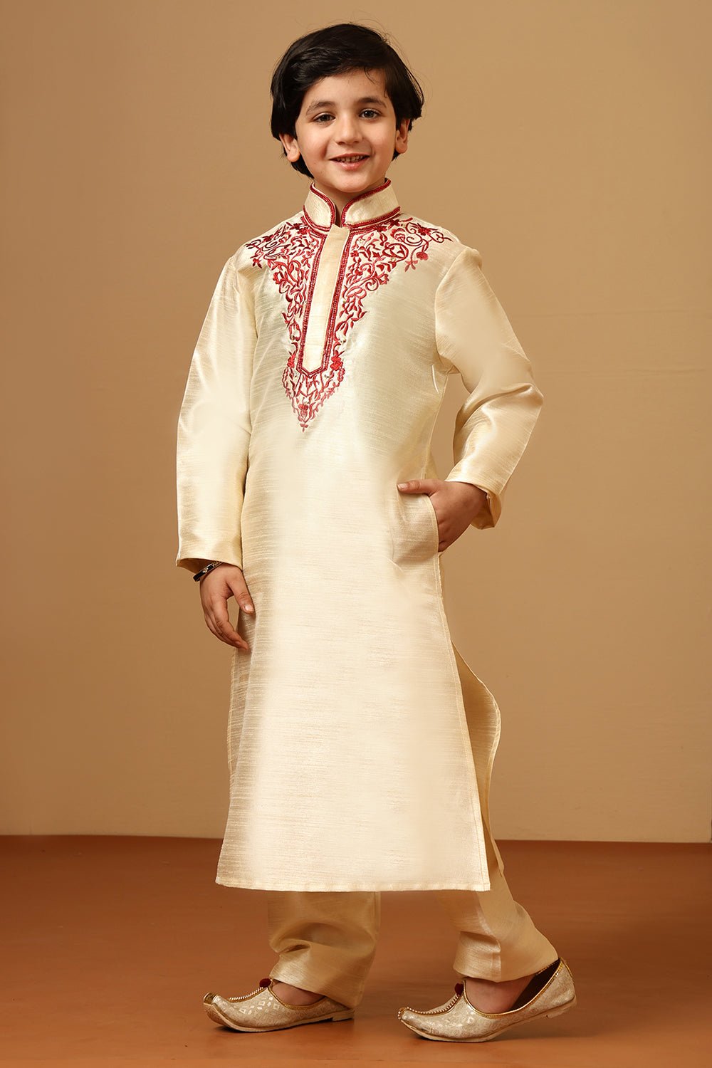 Boys Dupion Beige Silk Embroidered Tunic Pant Set - EastEssence.com