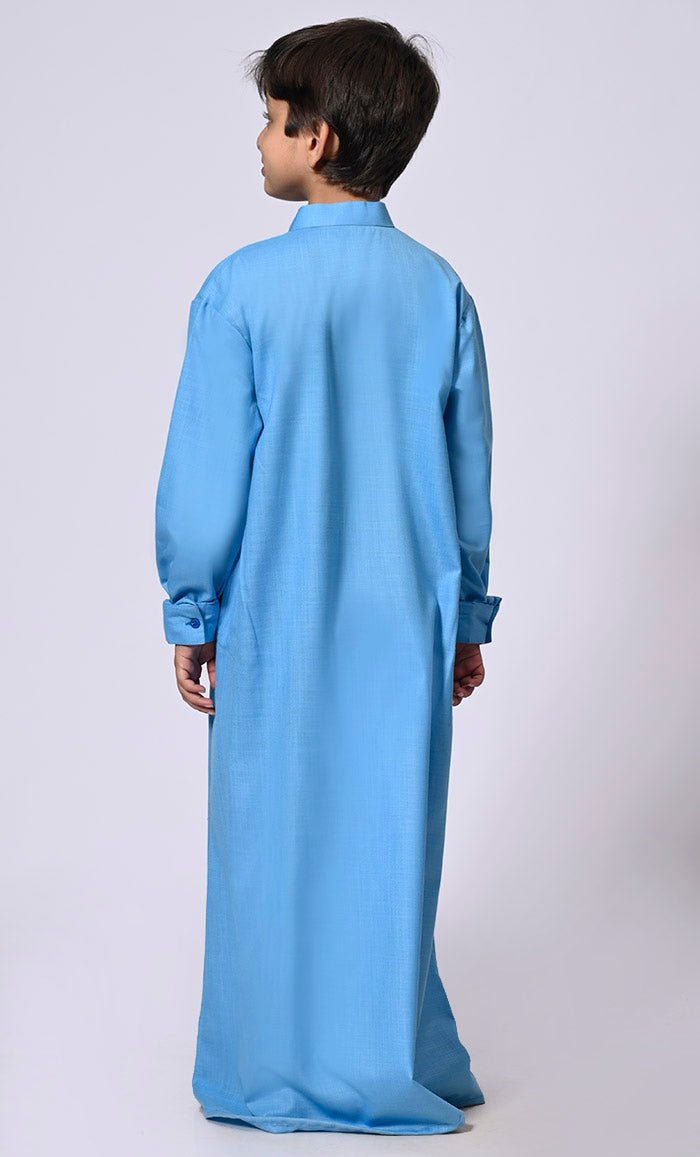 Boy's Sky Blue Thobe with Geometrical Embroidery detailing and Pockets - EastEssence.com