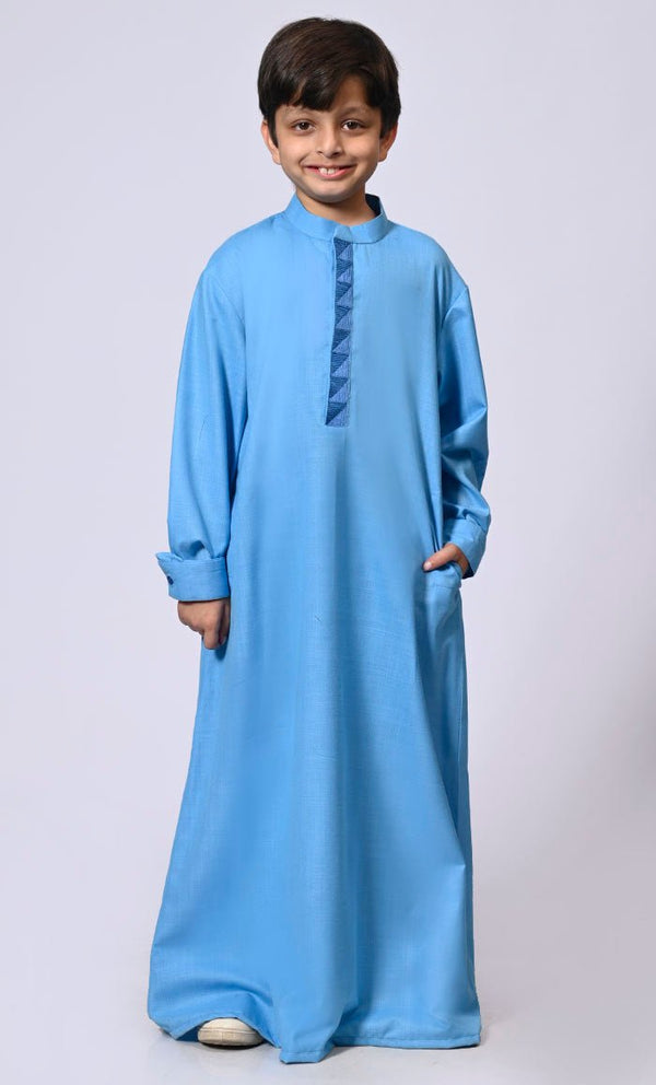 Boy's Sky Blue Thobe with Geometrical Embroidery detailing and Pockets - EastEssence.com