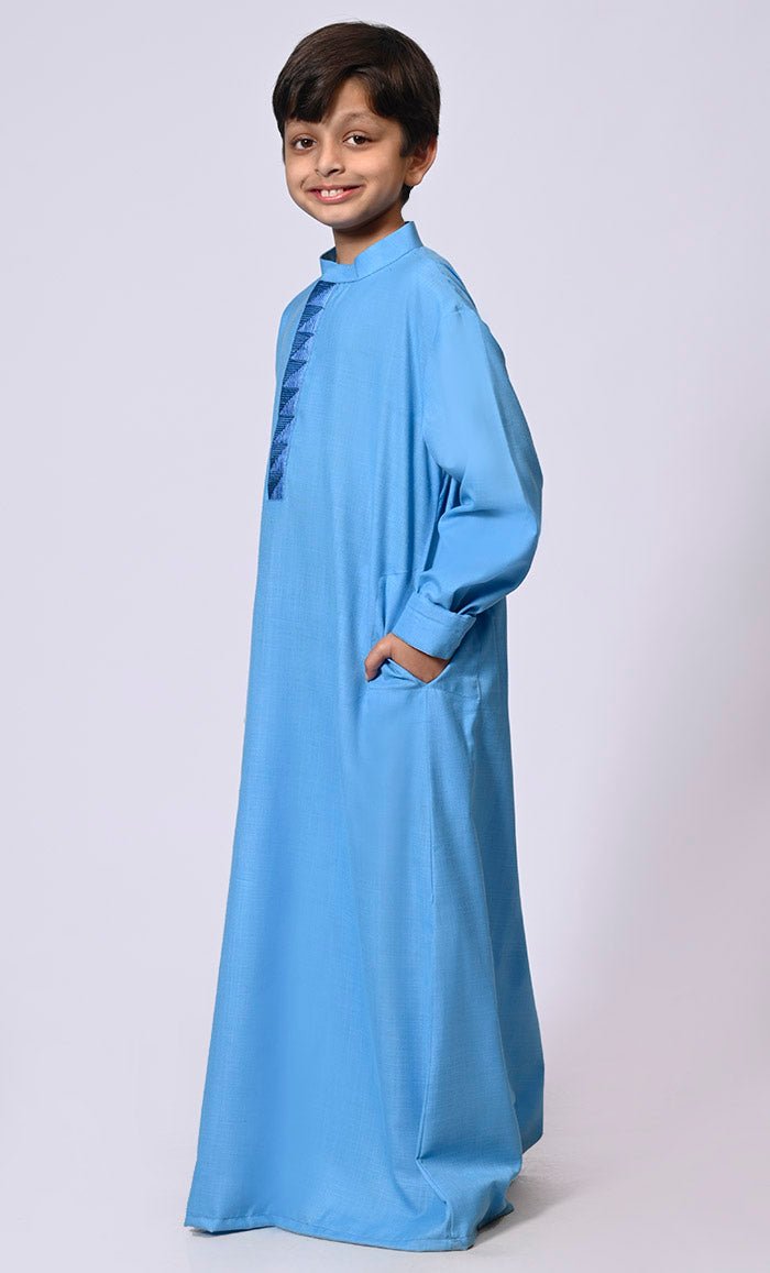 Boy's Sky Blue Thobe with Geometrical Embroidery detailing and Pockets - EastEssence.com