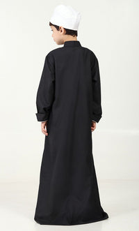 Boys' Thobe in Polyester Poplin Fabric with Silver Thread Trim - Black - EastEssence.com