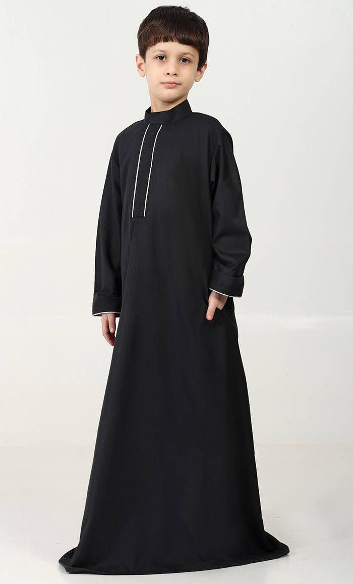 Boys' Thobe in Polyester Poplin Fabric with Silver Thread Trim - Black - EastEssence.com