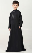 Boys' Thobe in Polyester Poplin Fabric with Silver Thread Trim - Black - EastEssence.com