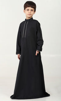 Boys' Thobe in Polyester Poplin Fabric with Silver Thread Trim - Black - EastEssence.com