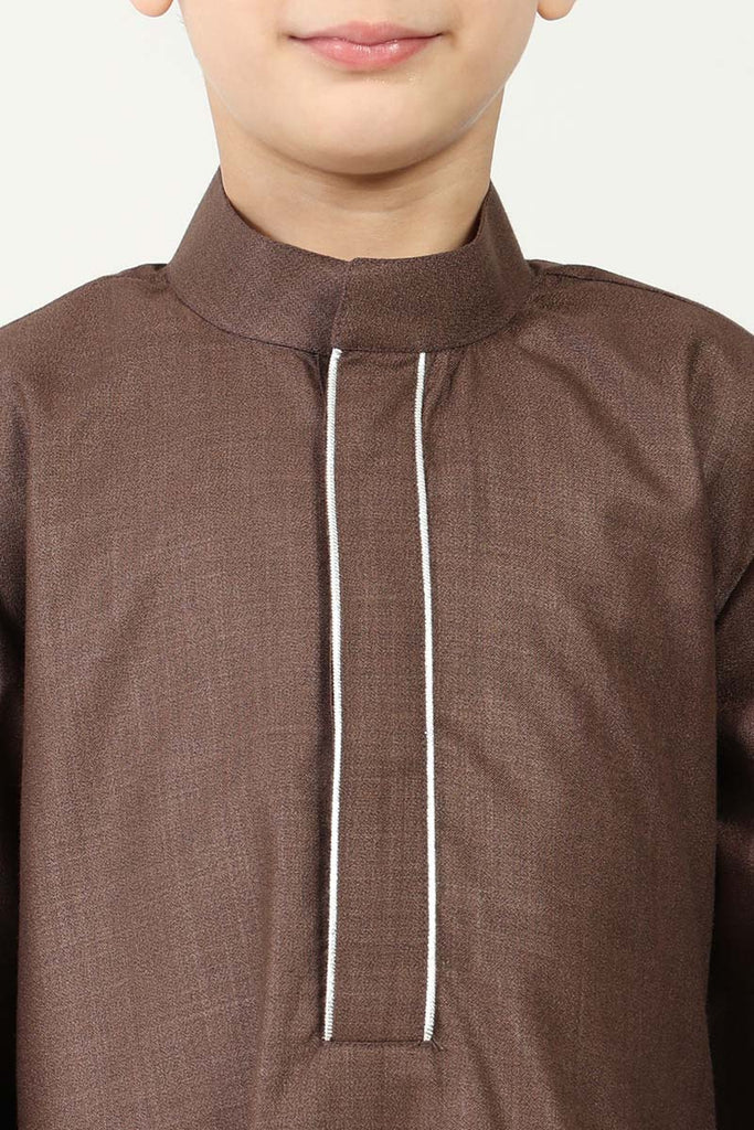 Boys' Thobe in Polyester Poplin Fabric with Silver Thread Trim - Brown - EastEssence.com