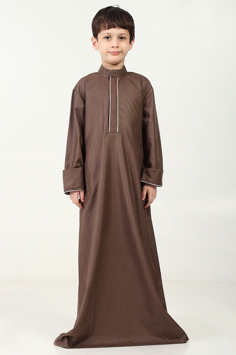 Boys' Thobe in Polyester Poplin Fabric with Silver Thread Trim - Brown - EastEssence.com