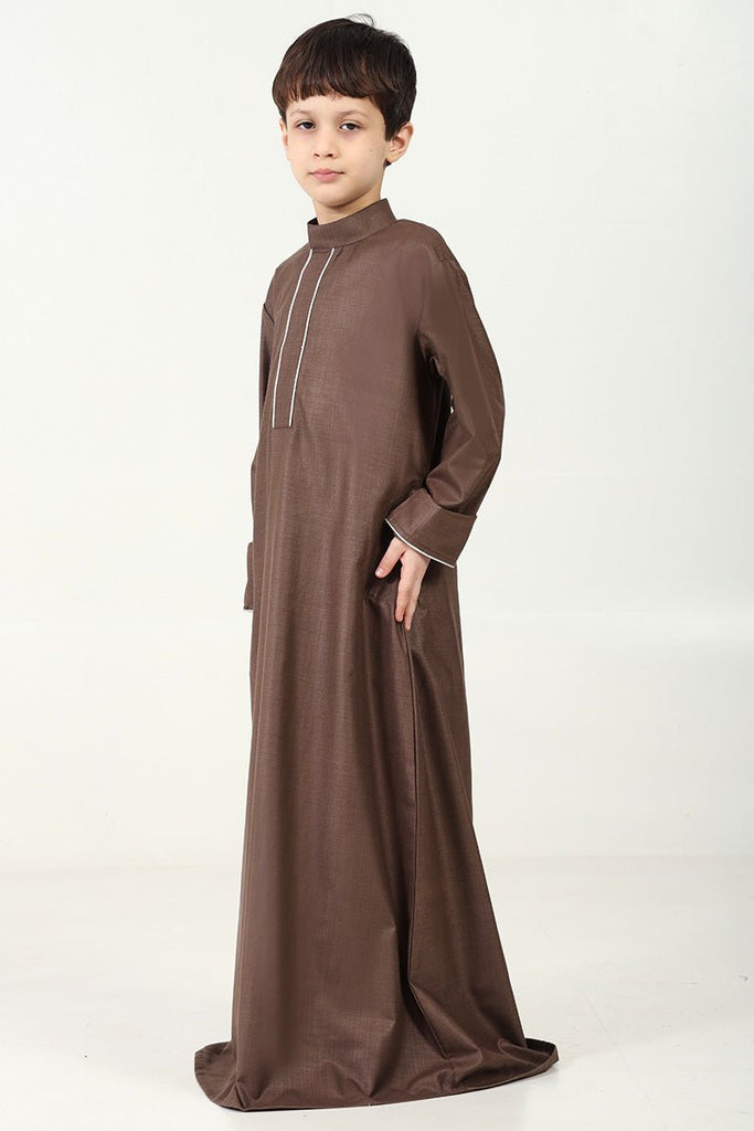 Boys' Thobe in Polyester Poplin Fabric with Silver Thread Trim - Brown - EastEssence.com