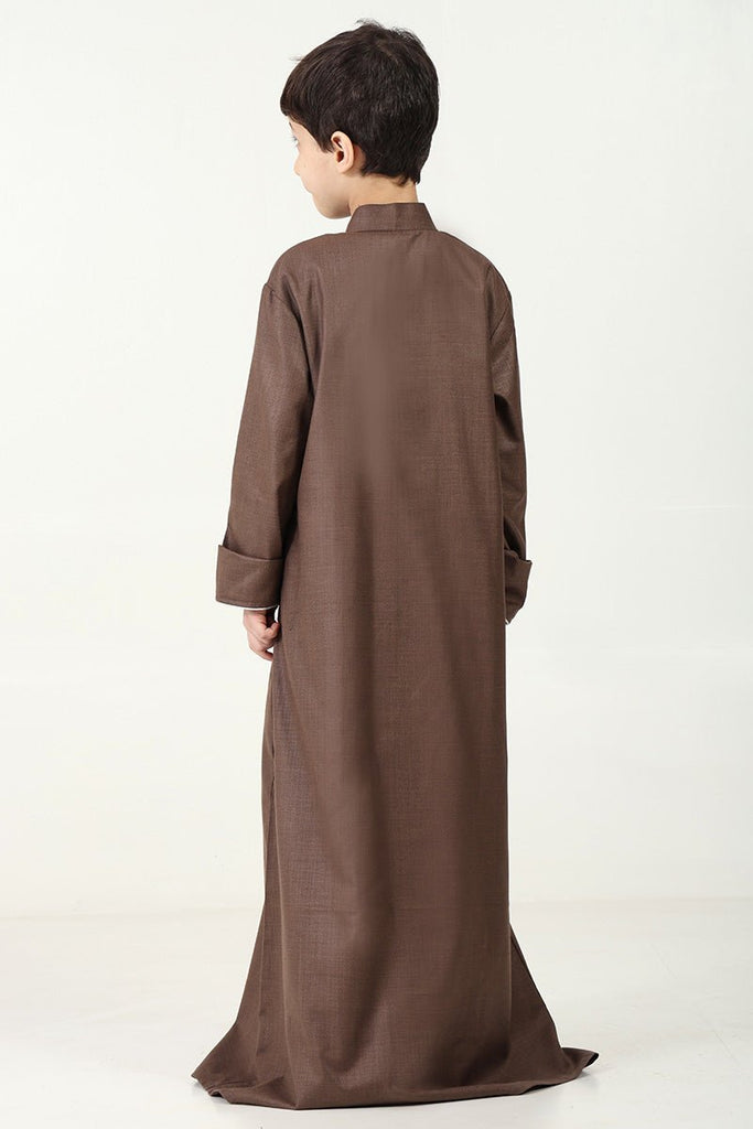 Boys' Thobe in Polyester Poplin Fabric with Silver Thread Trim - Brown - EastEssence.com