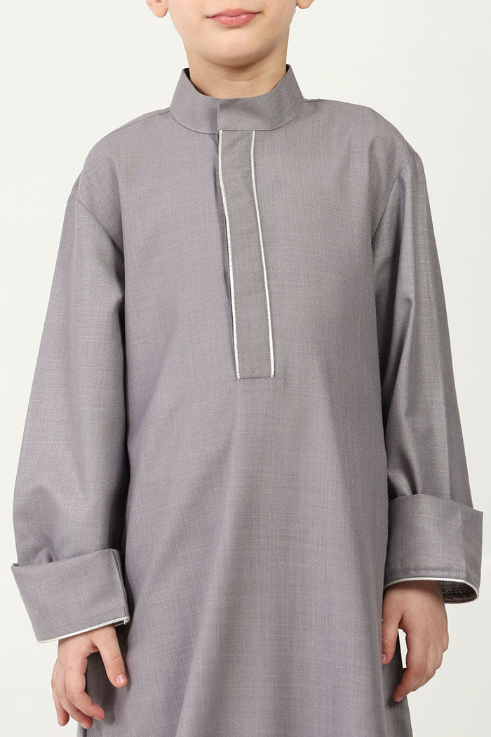 Boys' Thobe in Polyester Poplin Fabric with Silver Thread Trim - Grey - EastEssence.com