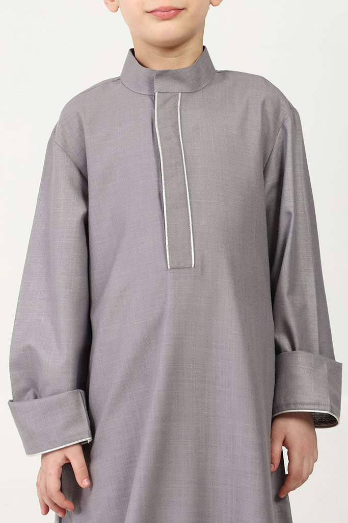 Boys' Thobe in Polyester Poplin Fabric with Silver Thread Trim - Grey - EastEssence.com