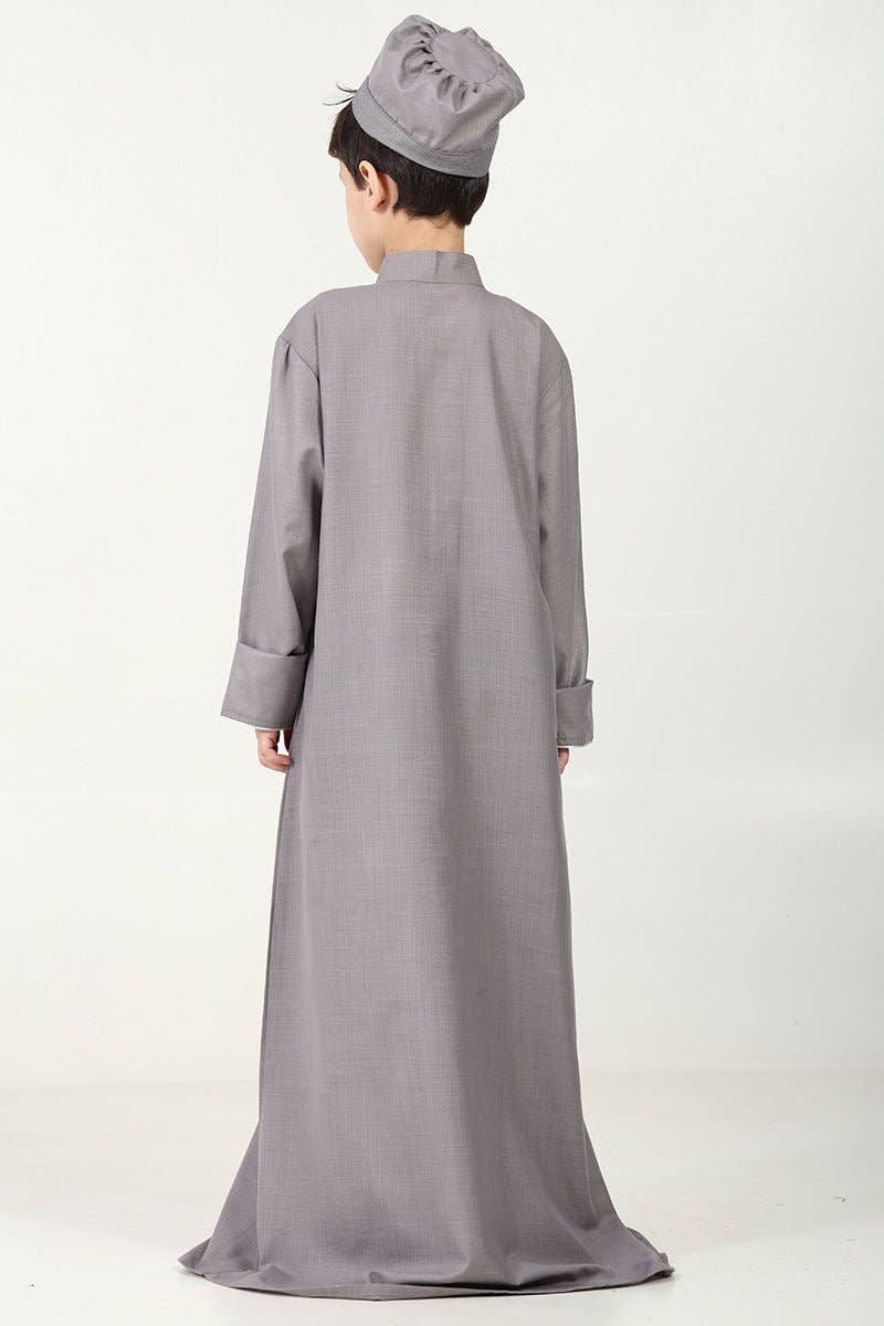 Boys' Thobe in Polyester Poplin Fabric with Silver Thread Trim - Grey - EastEssence.com