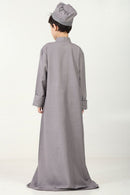Boys' Thobe in Polyester Poplin Fabric with Silver Thread Trim - Grey - EastEssence.com