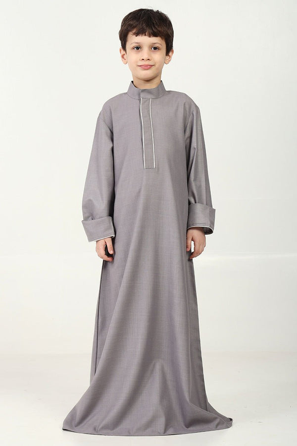 Boys' Thobe in Polyester Poplin Fabric with Silver Thread Trim - Grey - EastEssence.com