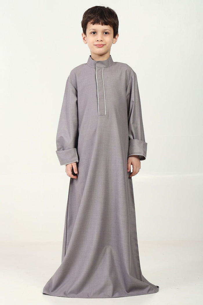 Boys' Thobe in Polyester Poplin Fabric with Silver Thread Trim - Grey - EastEssence.com
