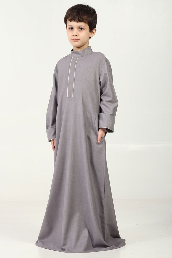 Boys' Thobe in Polyester Poplin Fabric with Silver Thread Trim - Grey - EastEssence.com