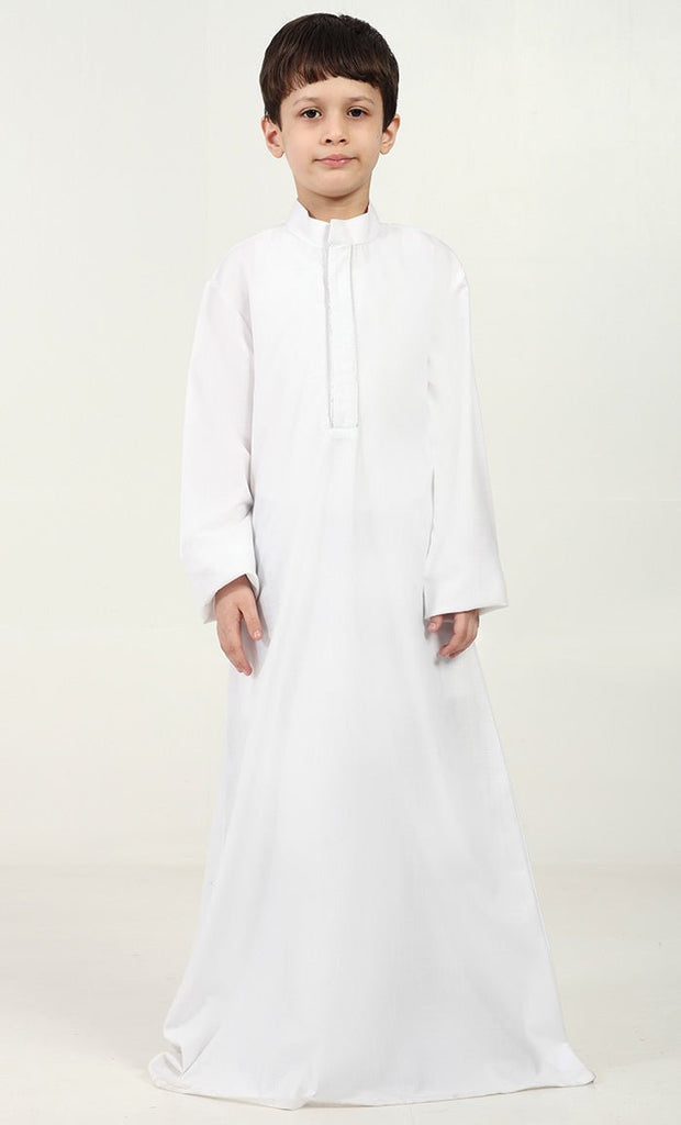 Boys' Thobe in Polyester Poplin Fabric with Silver Thread Trim - White - EastEssence.com