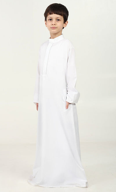 Boys' Thobe in Polyester Poplin Fabric with Silver Thread Trim - White - EastEssence.com