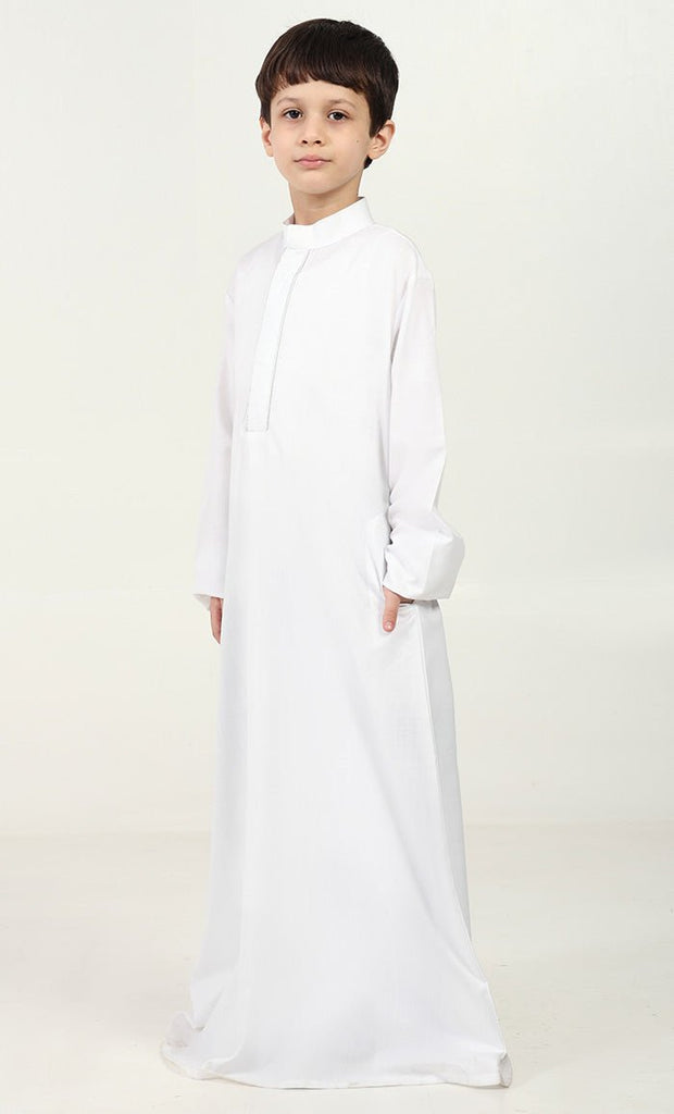 Boys' Thobe in Polyester Poplin Fabric with Silver Thread Trim - White - EastEssence.com