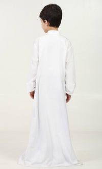 Boys' Thobe in Polyester Poplin Fabric with Silver Thread Trim - White - EastEssence.com