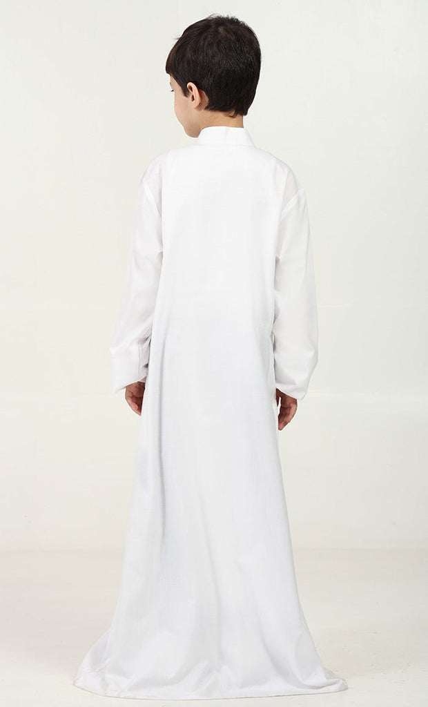 Boys' Thobe in Polyester Poplin Fabric with Silver Thread Trim - White - EastEssence.com