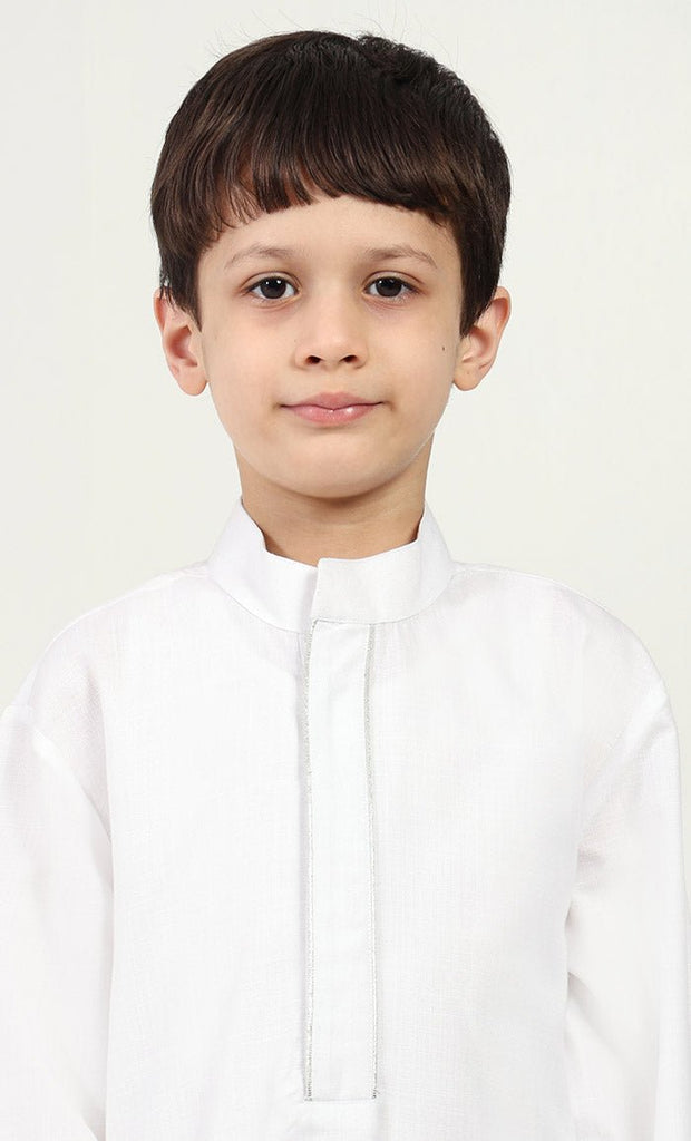 Boys' Thobe in Polyester Poplin Fabric with Silver Thread Trim - White - EastEssence.com