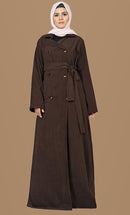 Brown Double-Breasted Corduroy Long Jacket with Belt - EastEssence.com