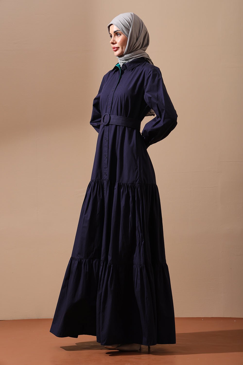 Button - Down Belted Shirt Abaya with Pleated Hem - EastEssence.com