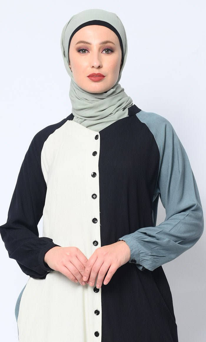 Button Down Colorblocked shirt Tunic with Pockets - EastEssence.com
