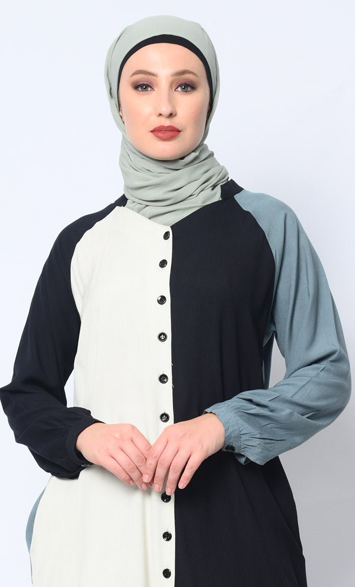 Button Down Colorblocked shirt Tunic with Pockets - EastEssence.com