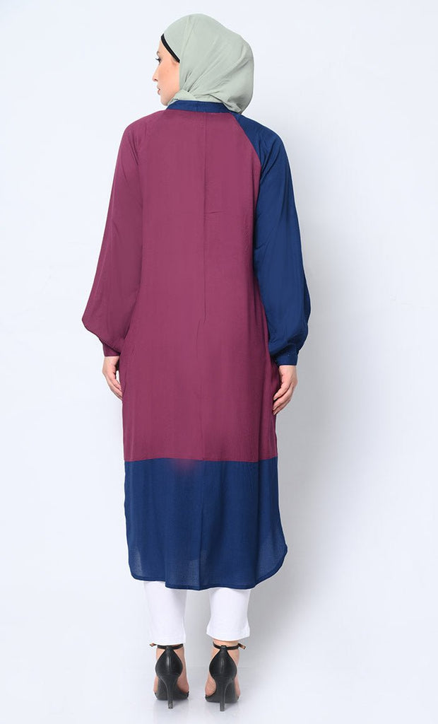 Button Down Colorblocked Shirt Tunic with Pockets - EastEssence.com