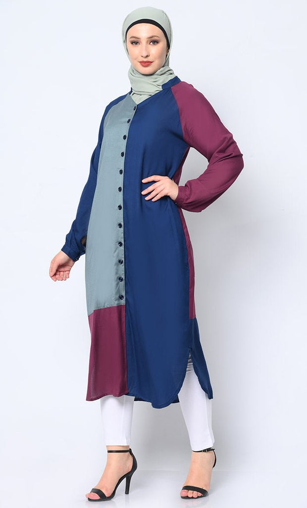 Button Down Colorblocked Shirt Tunic with Pockets - EastEssence.com