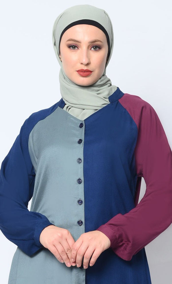 Button Down Colorblocked Shirt Tunic with Pockets - EastEssence.com