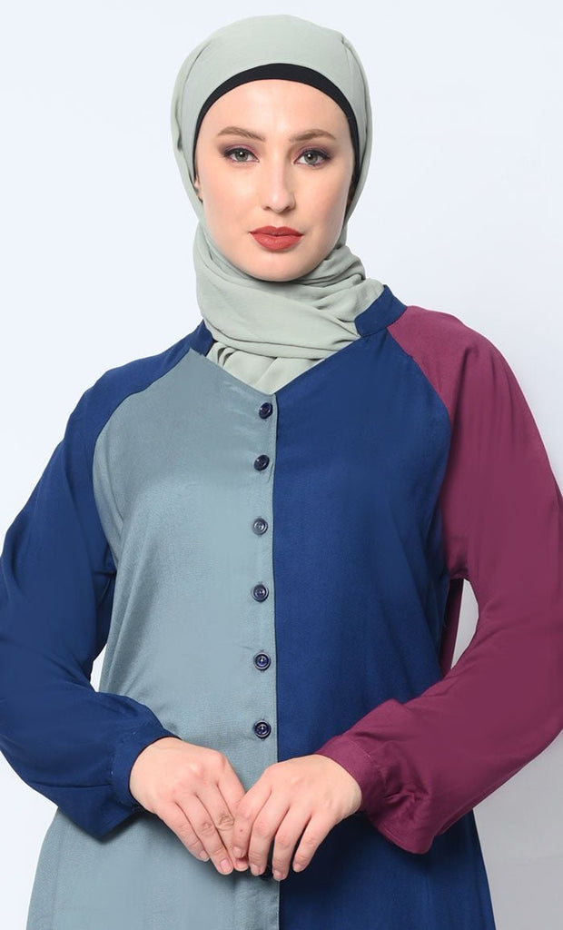 Button Down Colorblocked Shirt Tunic with Pockets - EastEssence.com