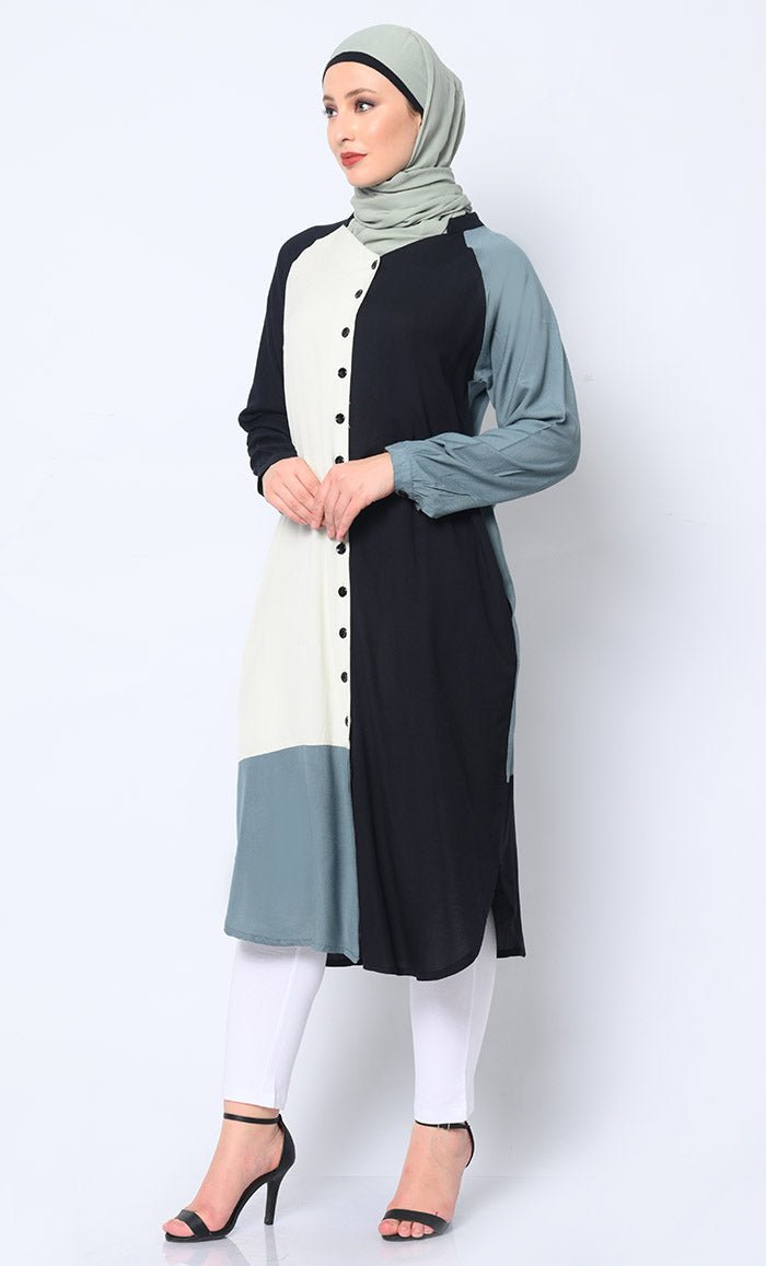 Button Down Colorblocked shirt Tunic with Pockets - EastEssence.com