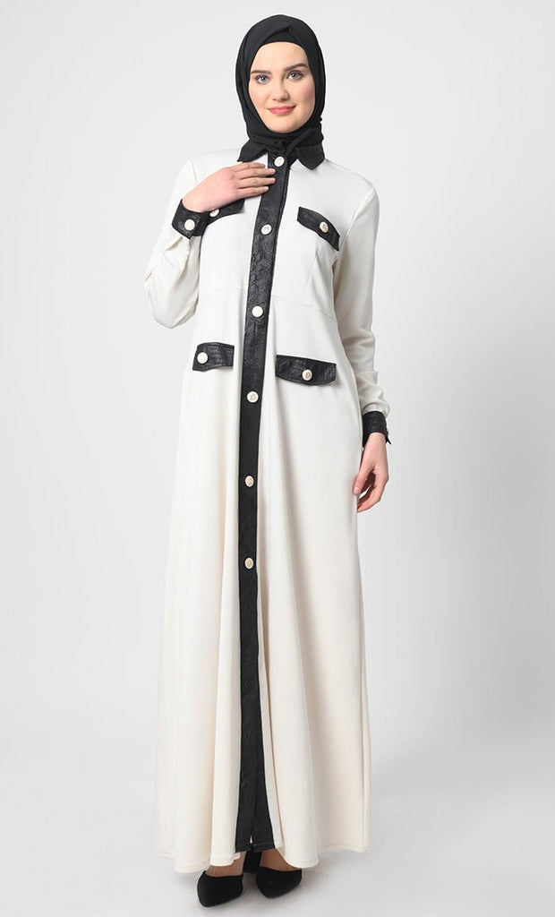 Button - Front Abaya – Pantroma Fabric, A - Line Cut, Full Sleeves, Flap Pockets - EastEssence.com