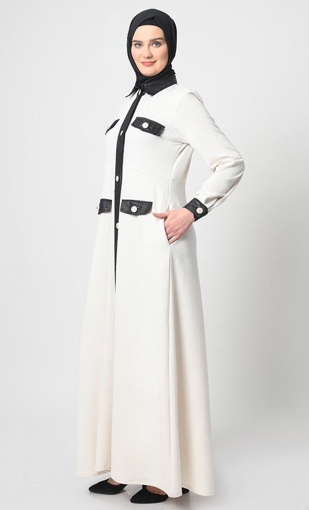 Button - Front Abaya – Pantroma Fabric, A - Line Cut, Full Sleeves, Flap Pockets - EastEssence.com