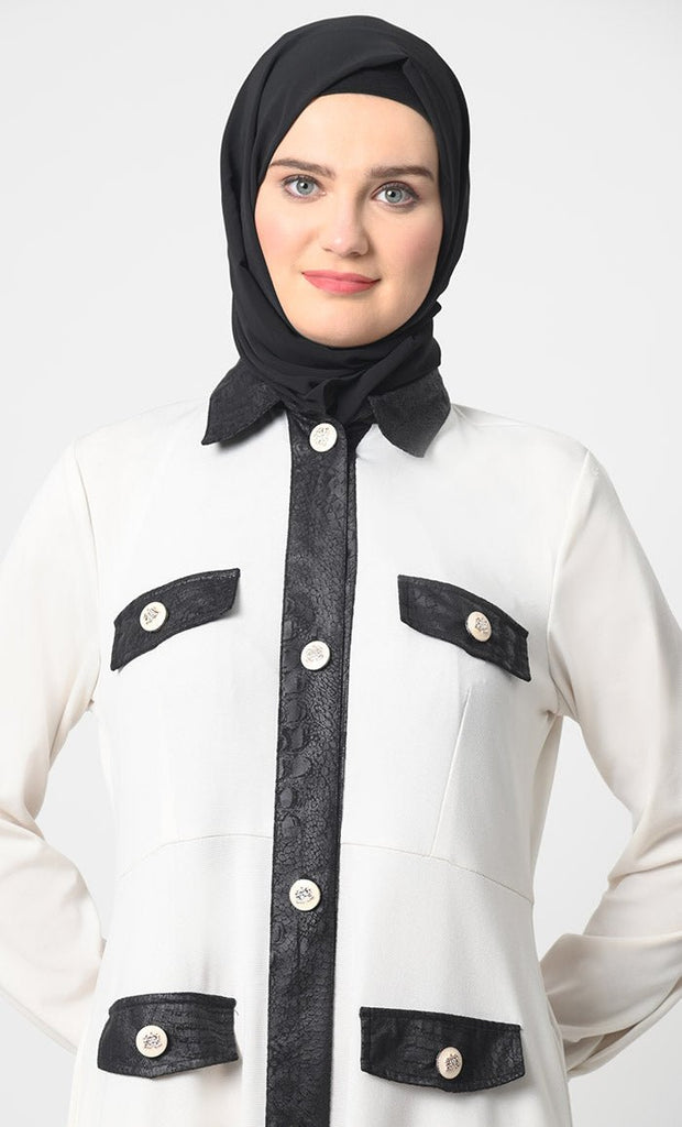 Button - Front Abaya – Pantroma Fabric, A - Line Cut, Full Sleeves, Flap Pockets - EastEssence.com