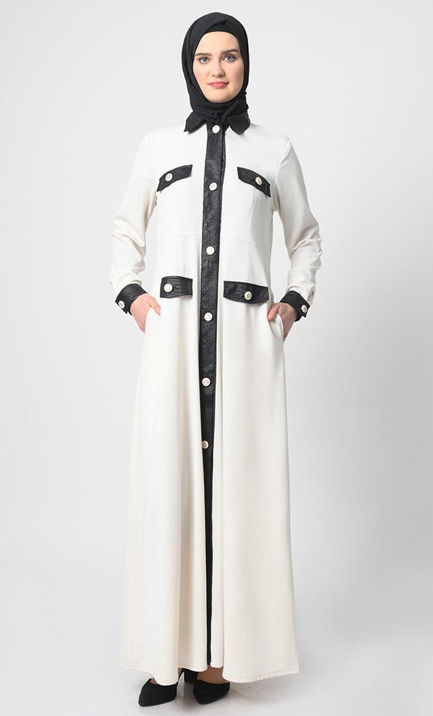 Button - Front Abaya – Pantroma Fabric, A - Line Cut, Full Sleeves, Flap Pockets - EastEssence.com