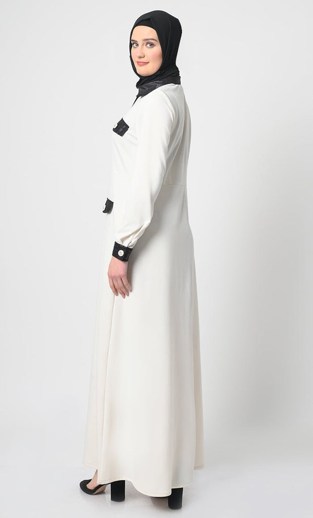 Button - Front Abaya – Pantroma Fabric, A - Line Cut, Full Sleeves, Flap Pockets - EastEssence.com