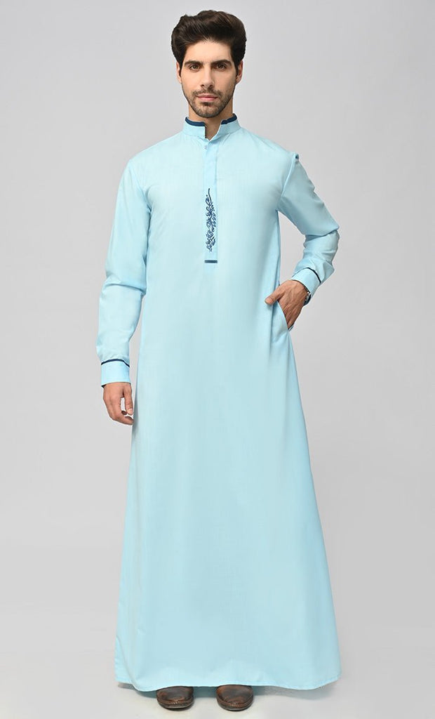 Buy Mens Arabian Contrasting Detailing Embroidered Thobe/Jubba With Pockets ( Sky Blue ) - Final Sale - EastEssence.com