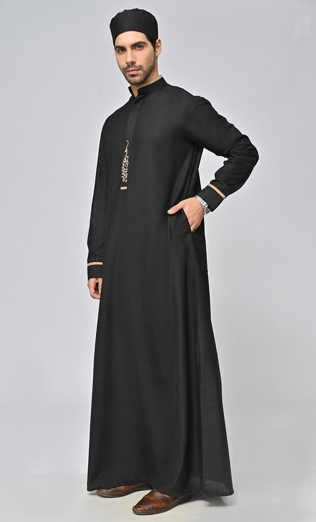 Buy Mens Arabic Embroidered ThobeJubba With Pockets And Kufi - Final Sale - EastEssence.com