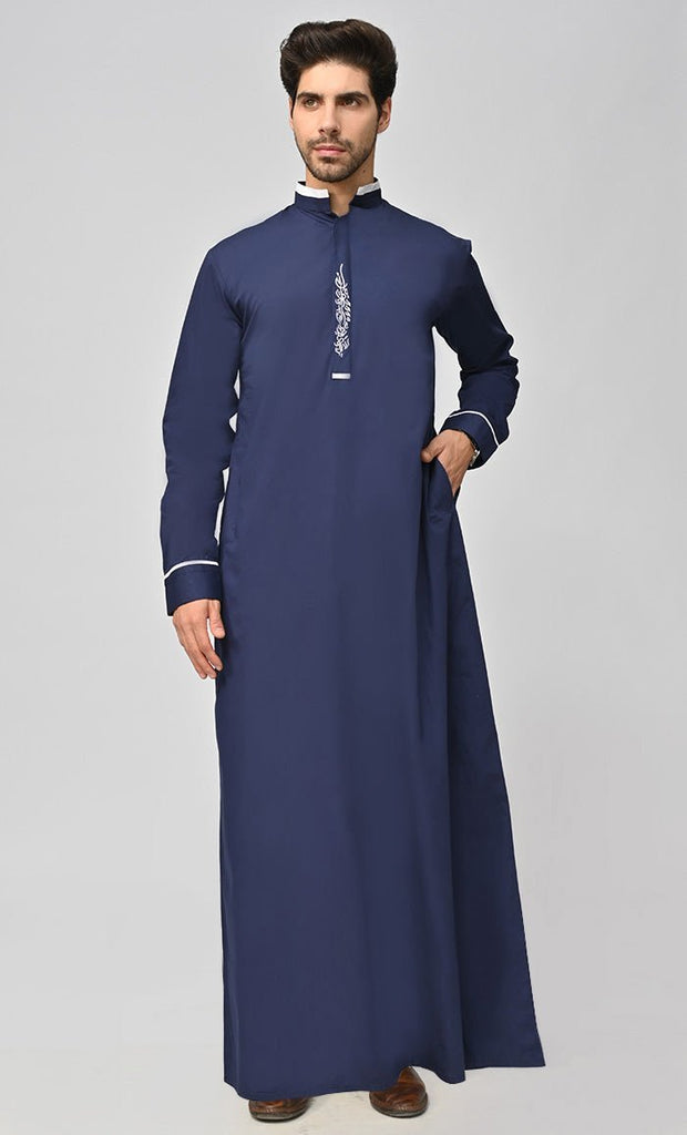 Buy Mens Dubai White Detailing Thobe/Jubba With Pockets - Navy - Final sale - EastEssence.com