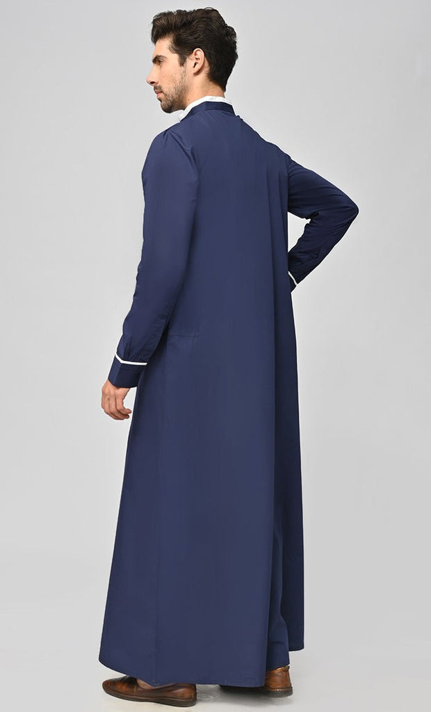 Buy Mens Dubai White Detailing Thobe/Jubba With Pockets - Navy - Final sale - EastEssence.com